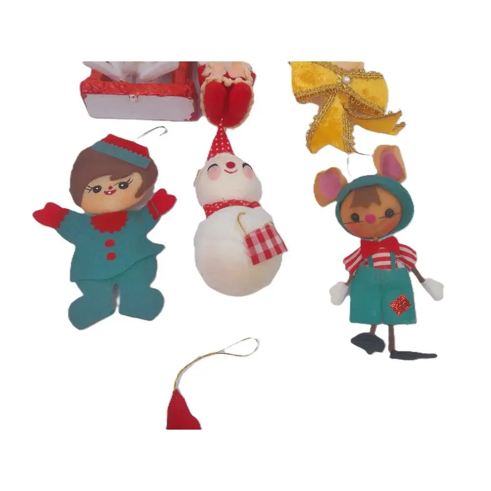 Vintage MCM Kitsch Christmas Ornament Lot Japan Felt Mouse Angel Santa Set of 8